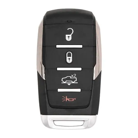 4-button Ram 1500 key fob showing unlock, lock, a pickup-truck icon marked x2 for the air suspension, and a red panic button