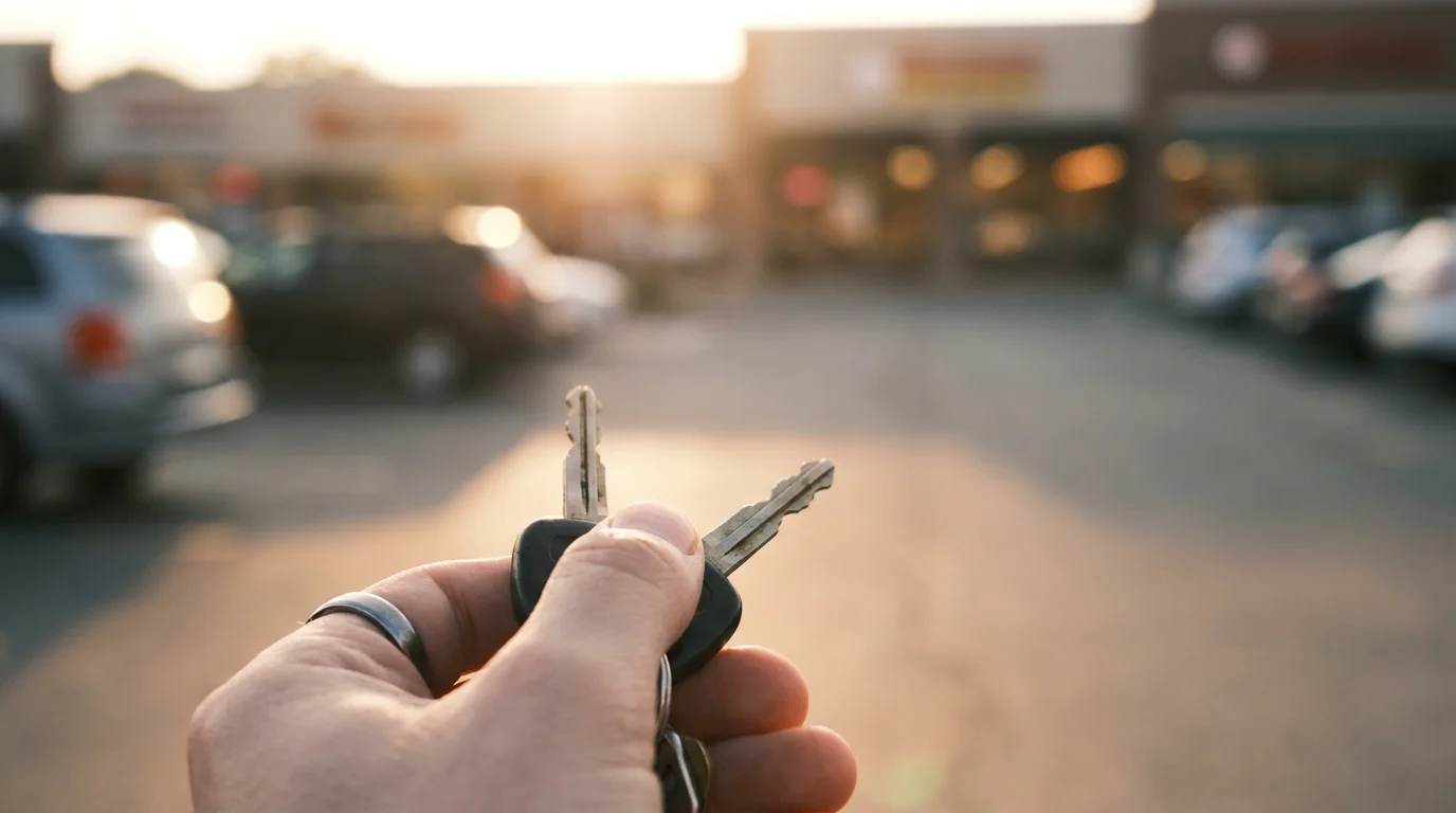 A set of car keys held up against a strip-mall parking lot at sunset