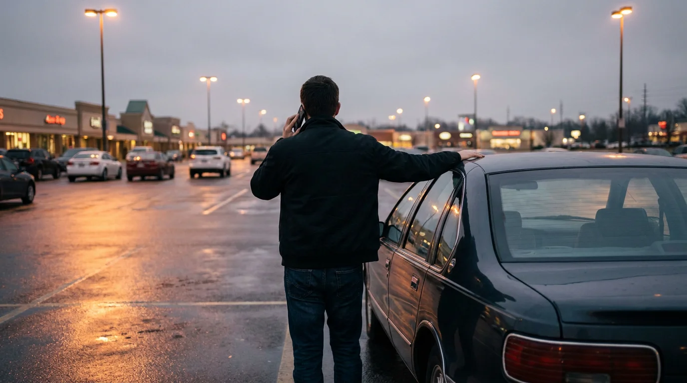 A man standing beside his locked car in a wet parking lot at dusk, phone to his ear