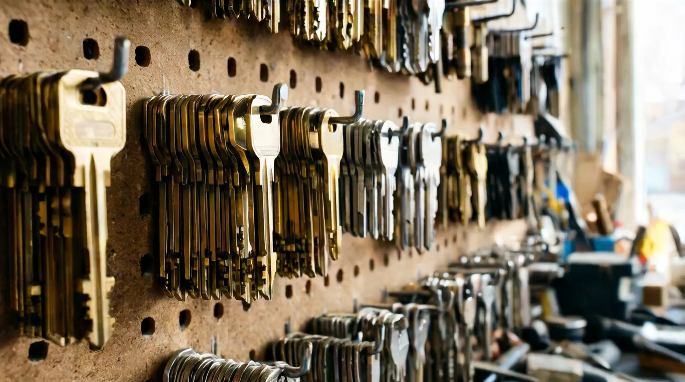 Rows of uncut brass and nickel key blanks hanging on hooks on a locksmith's pegboard wall