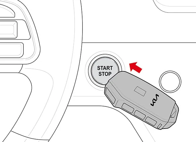 Kia illustration of a smart key fob held directly against the START STOP button beside the steering wheel